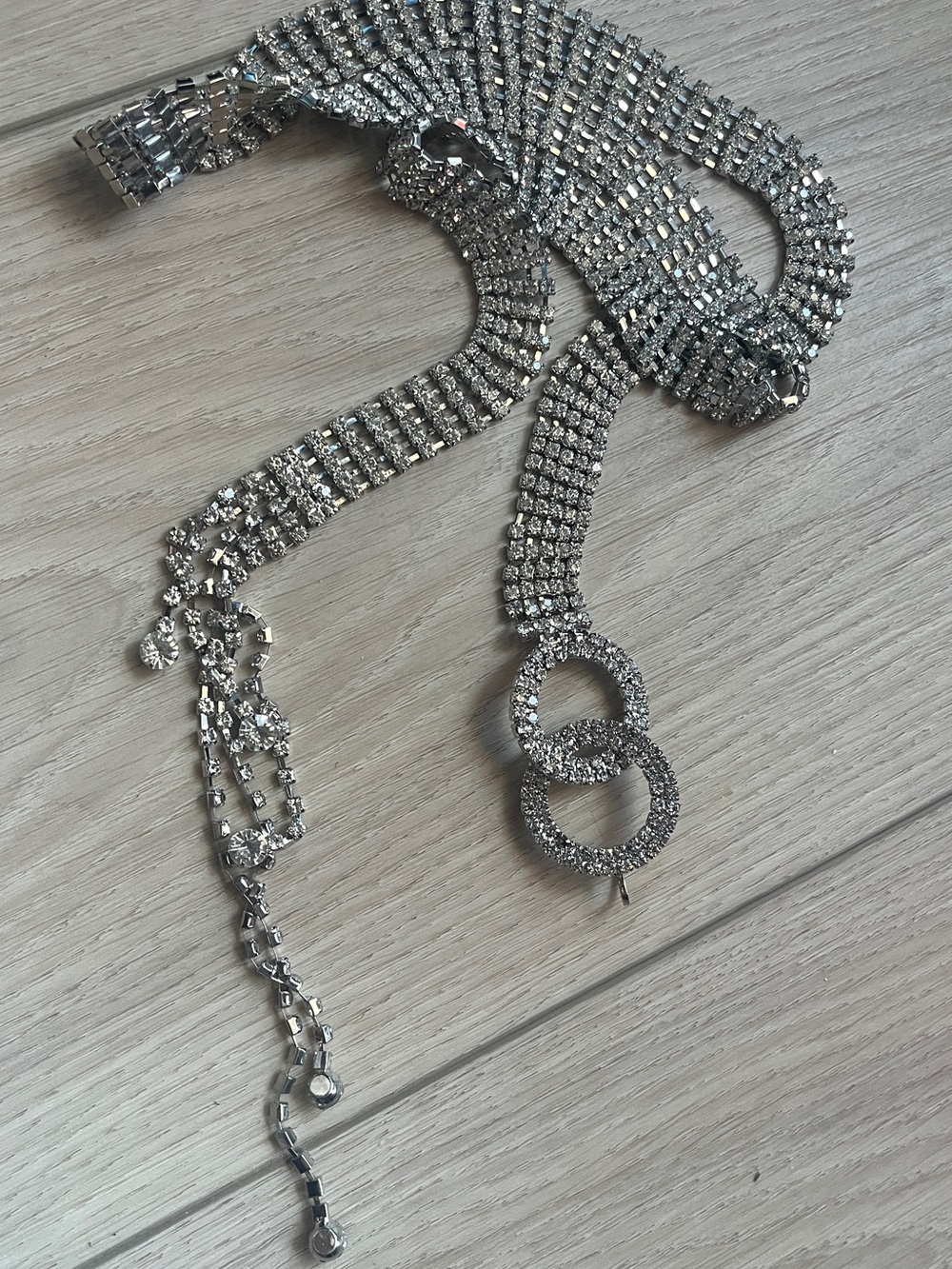 Rhinestone Crystal Chain Belt with Double Ring Accent - Silver